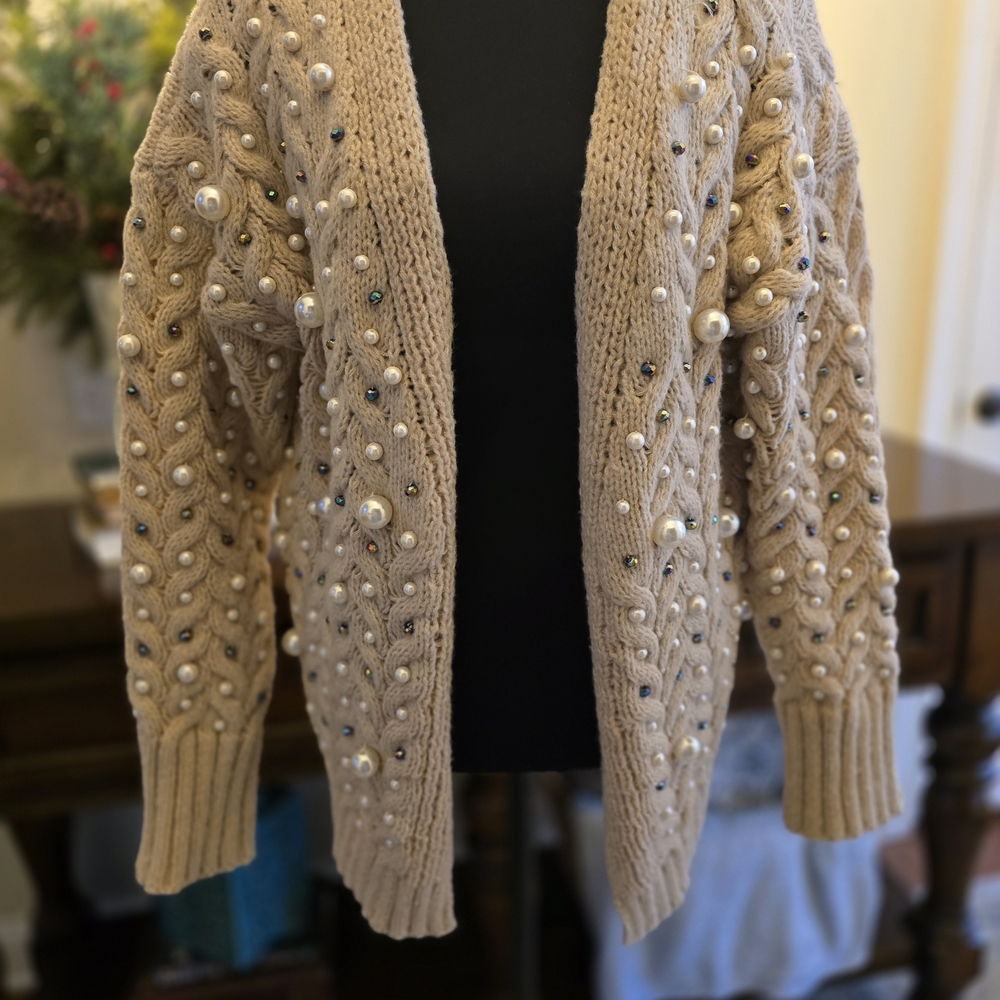 BiBi Light Tan Pearl-Embellished Cardigan - Picture 1 of 6